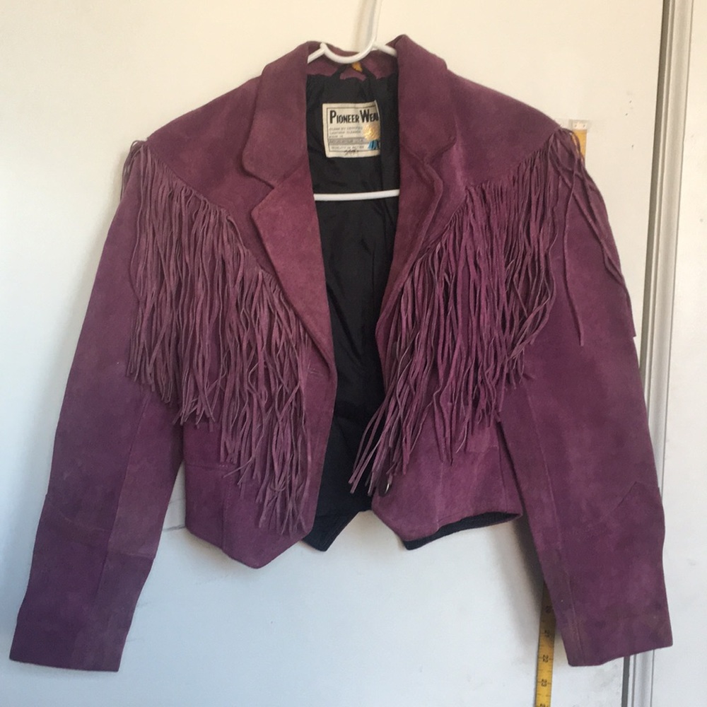 Purple genuine leather vintage fringe jacket